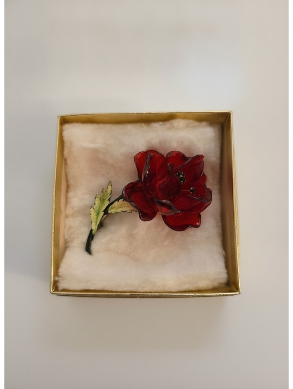 Vintage Red Flower Brooch with Green Leaf Accent